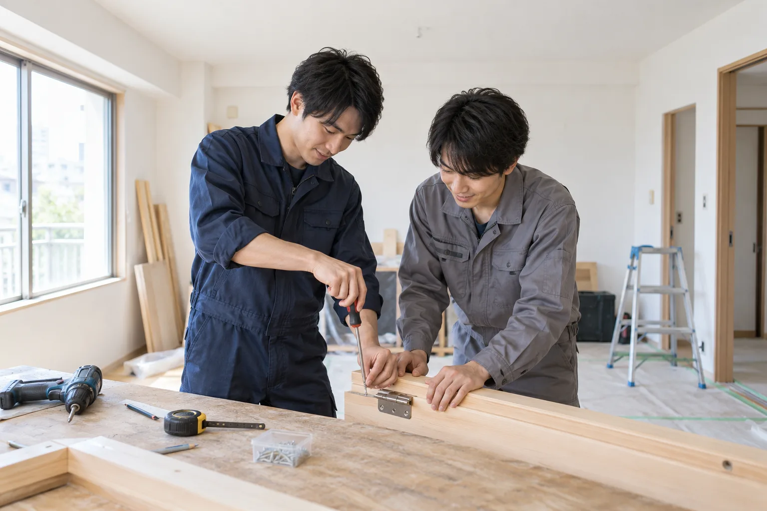 金具を取り付ける若手の職人たち